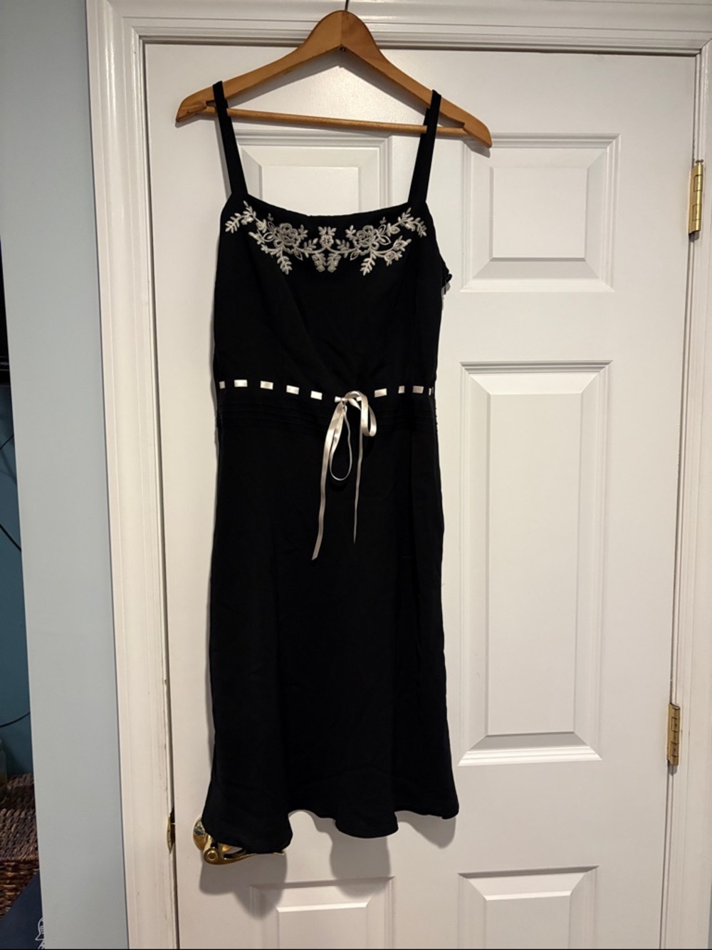 Ann Taylor Black Midi Dress with Ivory Embroidery and Ribbon